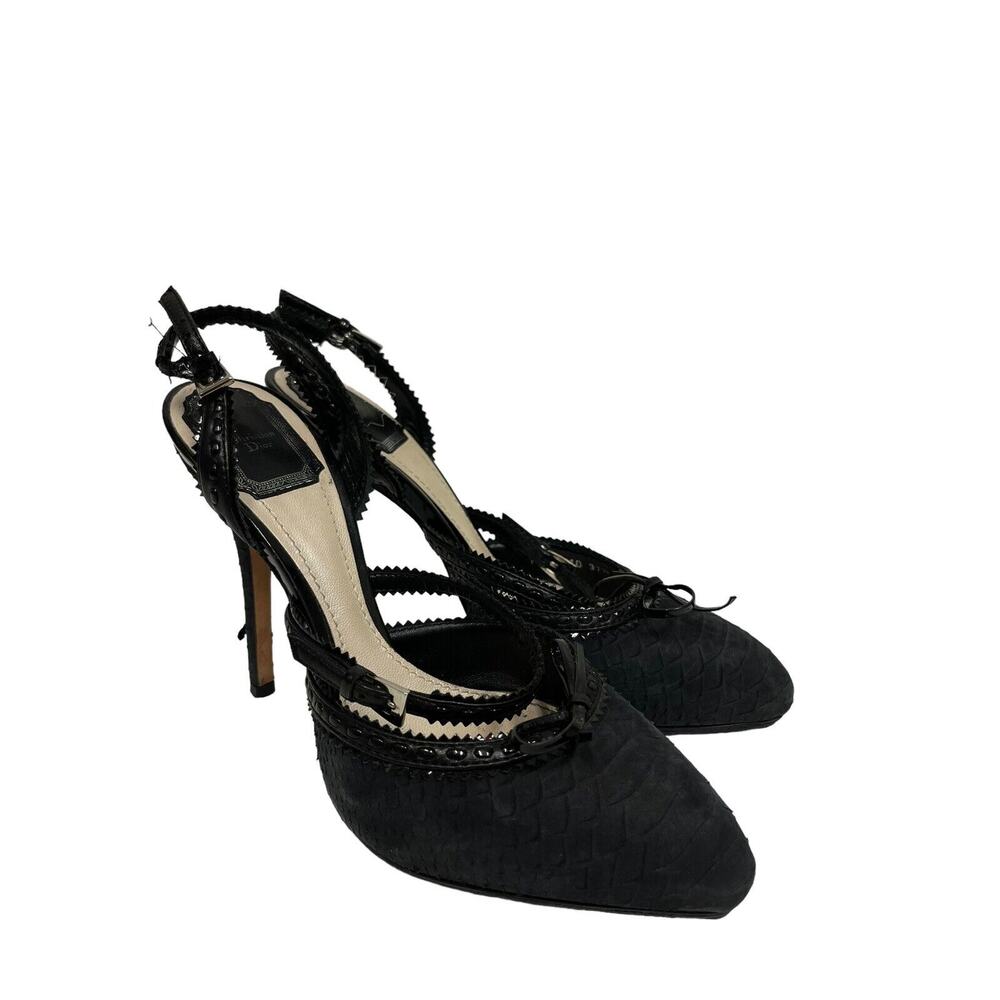CHRISTIAN DIOR Black Suede Snakeskin Leather Trim Bow Slingback Heels Size 37.5 - Picture 4 of 9